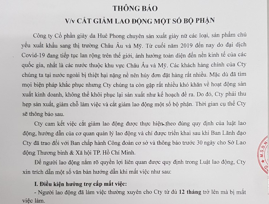 Huê Phong gửi thông báo đến công nhân quanh việc giảm 2.000 người - Ảnh 1. Huê Phong gửi thông báo đến công nhân quanh việc giảm 2.000 người - Ảnh 1.