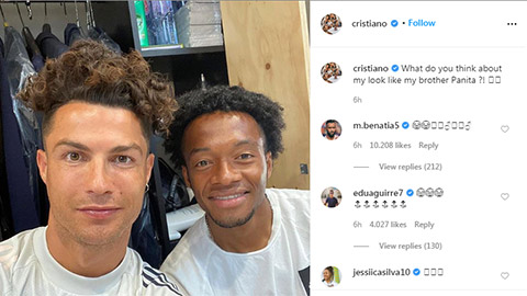Ronaldo uốn xoăn, nhuộm nâu tóc mới bắt chước Cuadrado